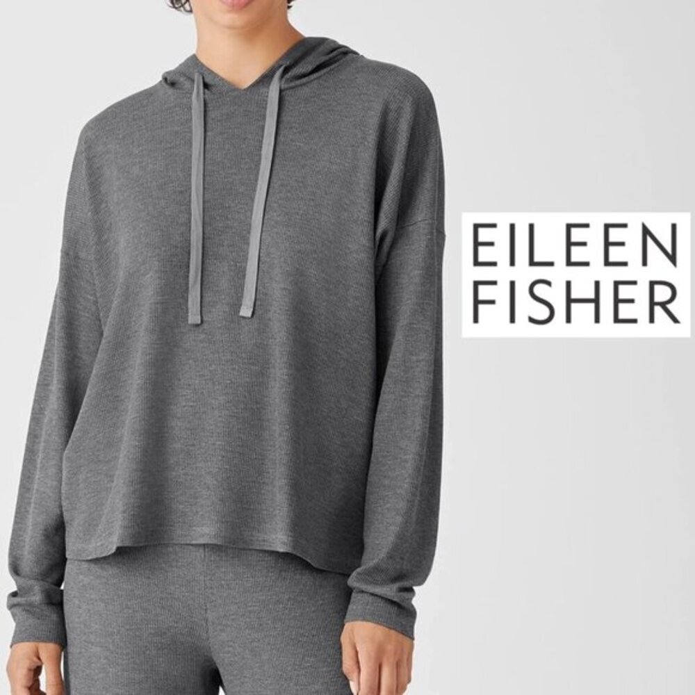 Eileen Fisher Large Gray Cozy Waffle Knit Hooded Top Hoodie Sweater Drawstring